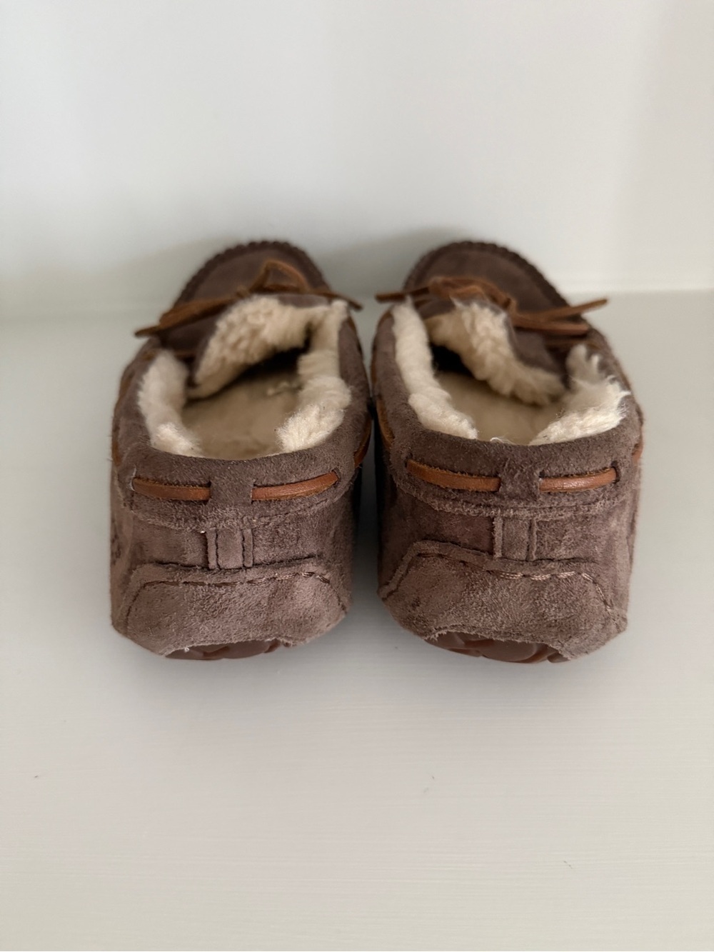 UGG Brown Suede Shearling Moccasins with Leather Bow - Picture 3 of 7